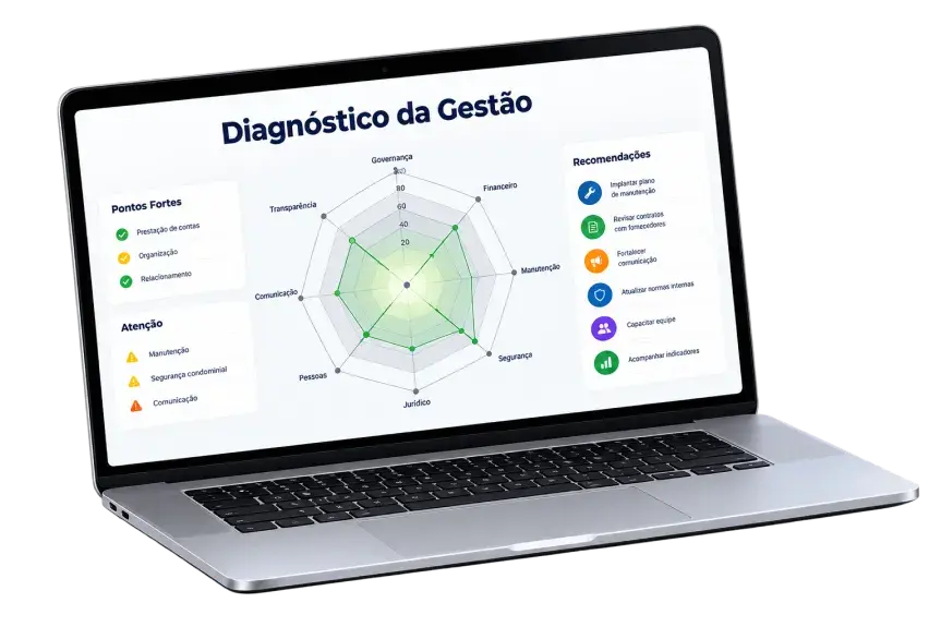 Diagnóstico de maturidade da gestão condominial exibido em notebook